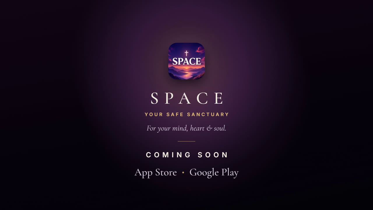 Still from the SPACE film: the SPACE app icon and the words Your Safe Sanctuary, Coming soon to the App Store and Google Play