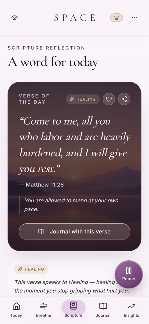 SPACE Scripture screen showing Matthew 11:28 as the verse of the day